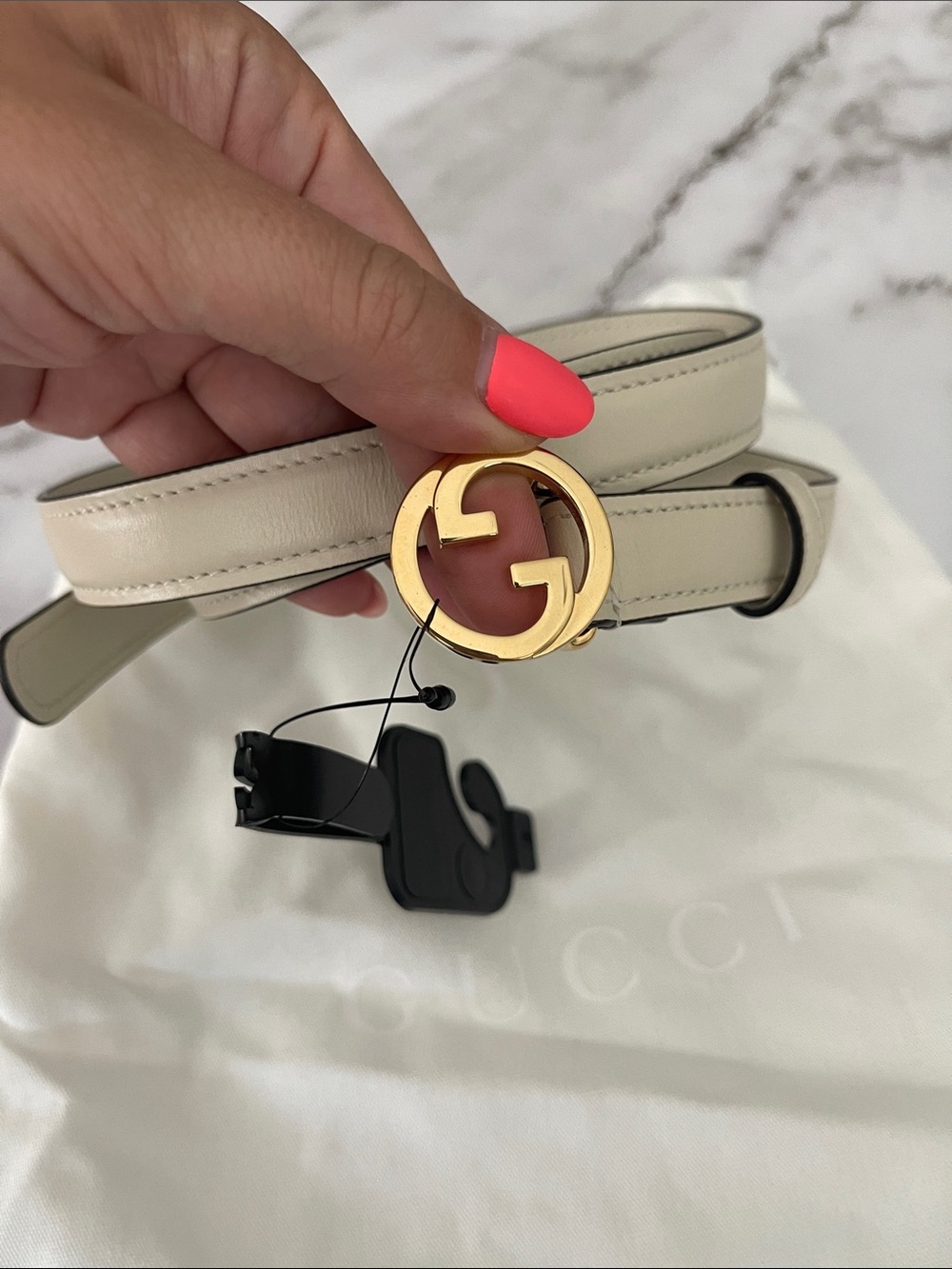 $950 New Authentic GUCCI Belt Gold tone GG LOGO Cream White Light Beige